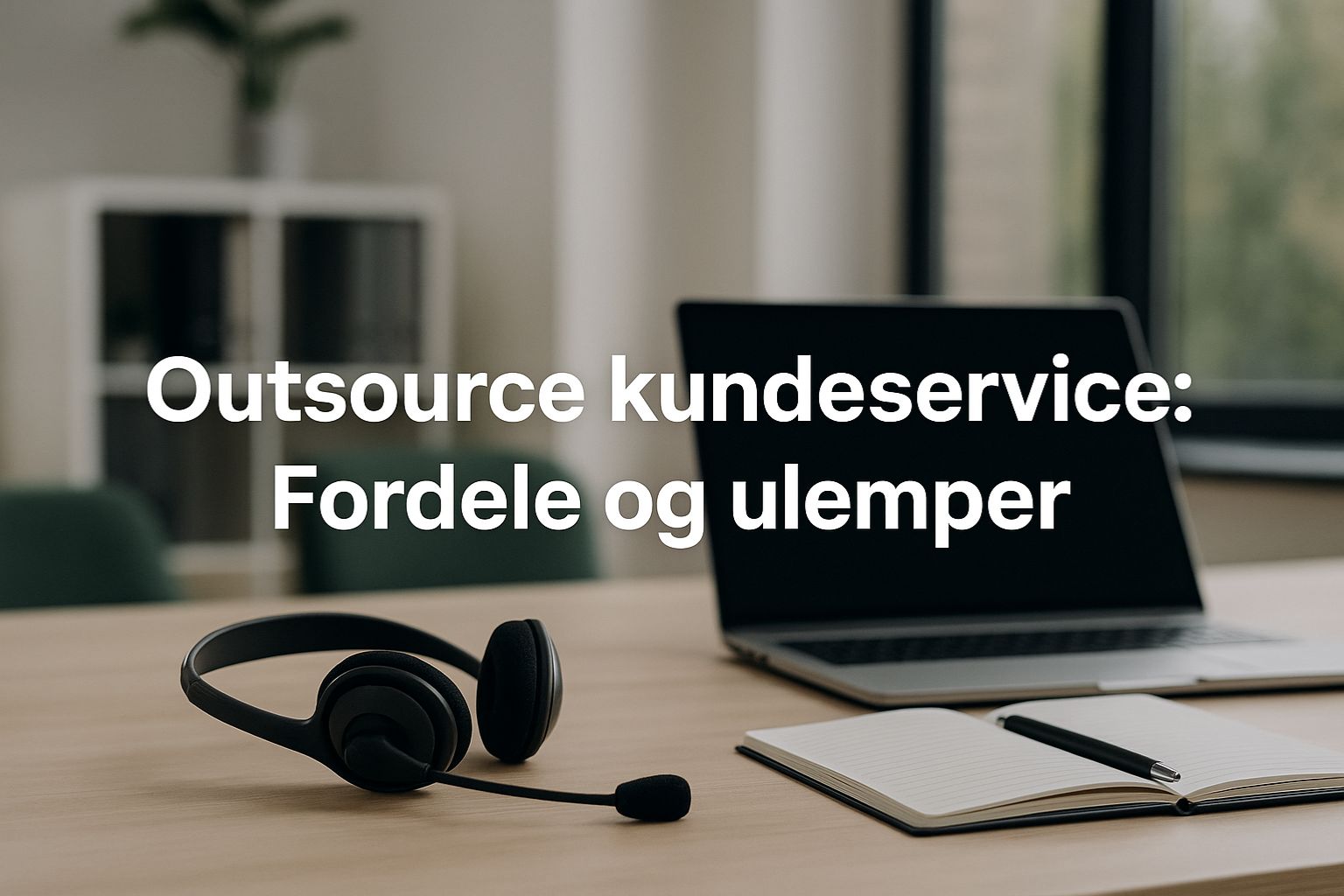 Moderne skrivebord med headset, laptop og notesbog – symbol på outsourcing af kundeservice i en professionel webshop-kontekst.